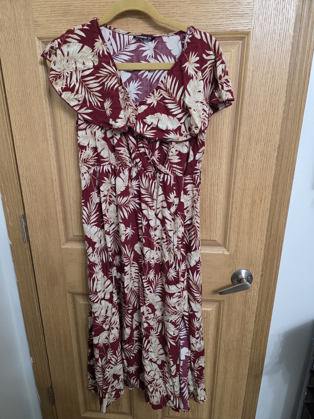 BloomChic Burgundy Maxi Dress with Cream Tropical Print
